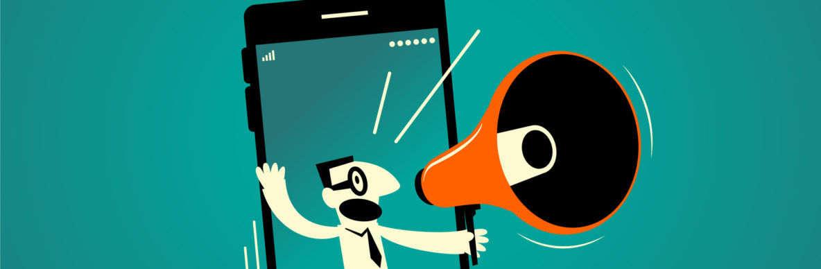 Businessman inside of a smart phone (mobile phone) with megaphone, live streaming